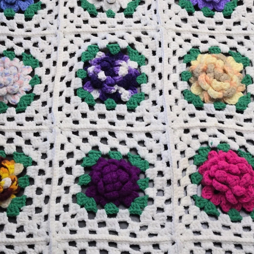 Vintage 3D Crochet Granny Square Blanket Floral White Handmade Afghan Throw